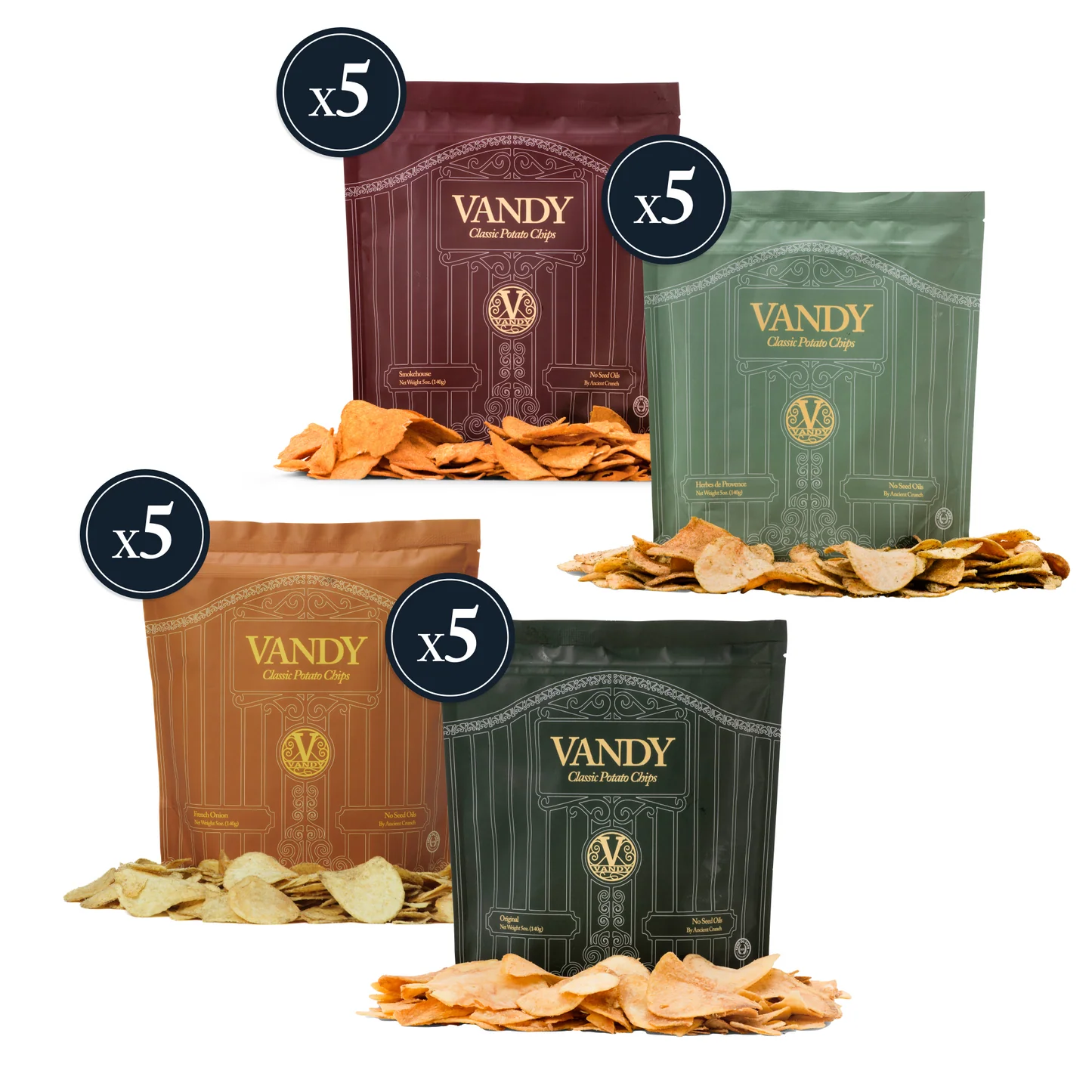 Four packages of Vandy potato chips with different colored packaging on a white background.