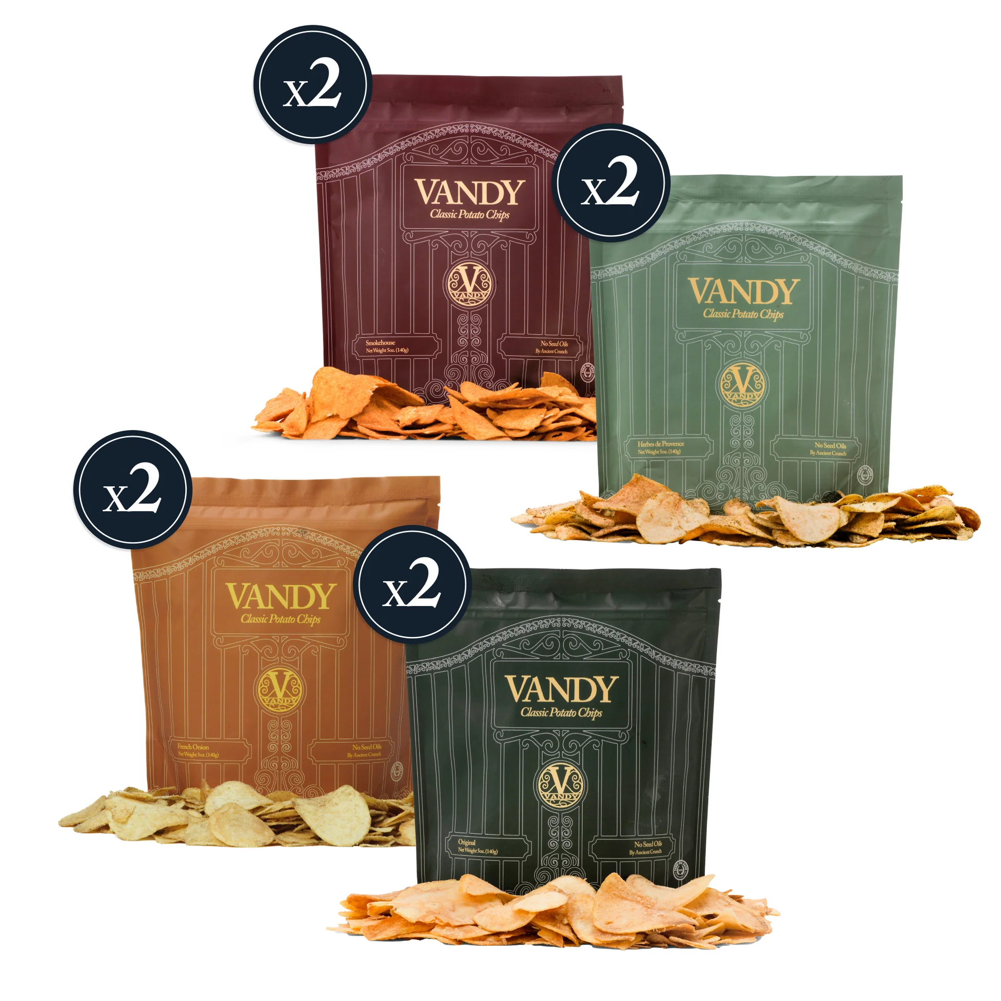 Four packages of Vandy Classic Potato Chips with chips spilling out on a white background.